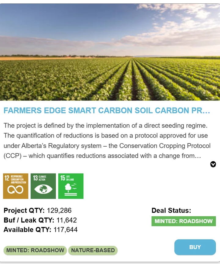 Farmers Edge Smart Carbon listing: 117,644 credits available, with Buy action