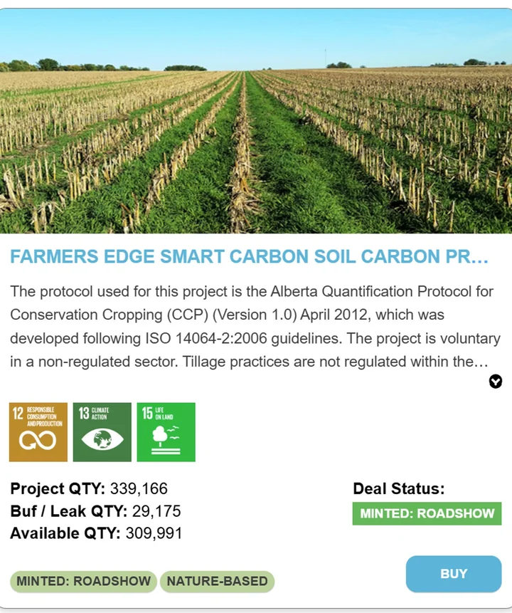 Farmers Edge conservation cropping listing: 309,991 credits available, with Buy action