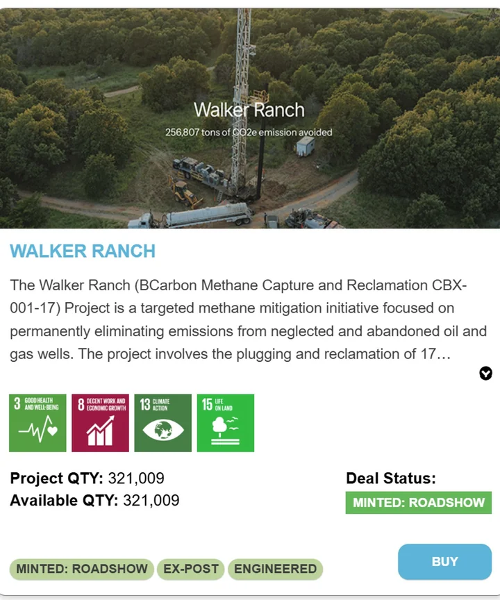 Walker Ranch methane capture listing: 321,009 credits available, with Buy action