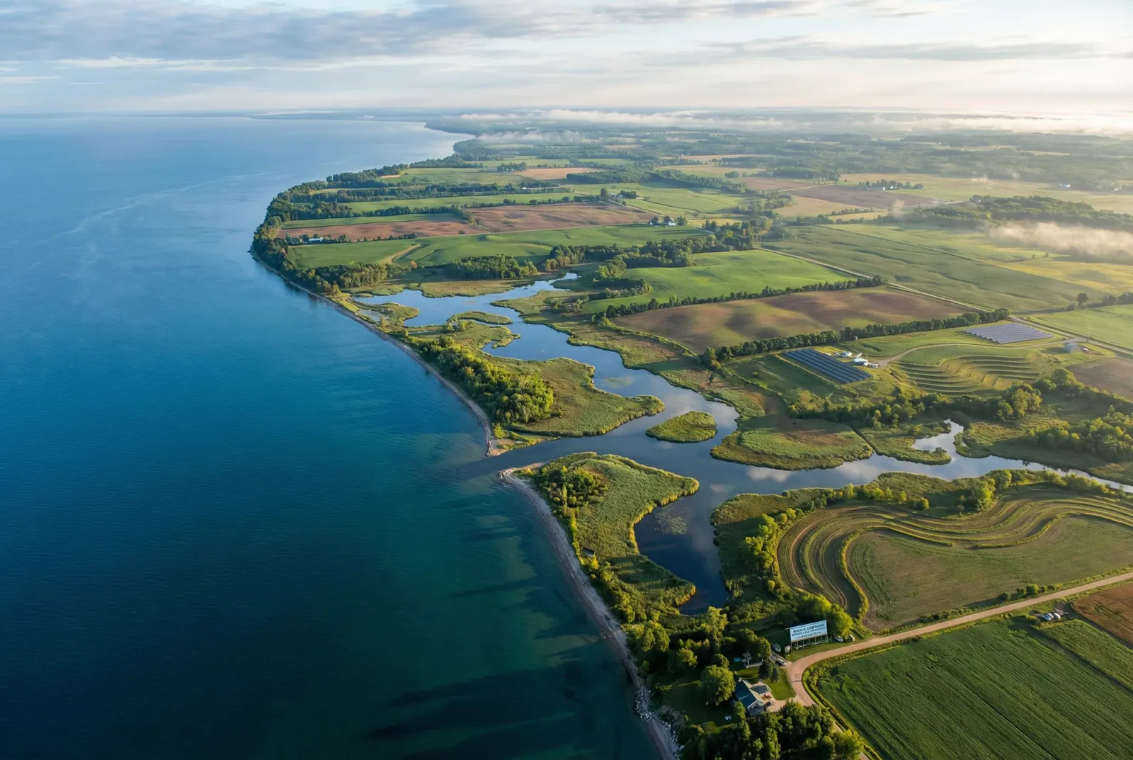 Great Lakes region aerial view, agricultural land meeting the water